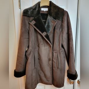 Calvin Klein Brown Faux Suede & Fur Coat Medium‎